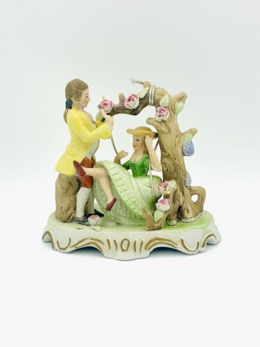 Vintage Dresden Porcelain Victorian Figurine Woman On Tree Swing With Man 16cm - Picture 1 of 9