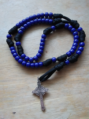 Blue Beads on Black Cord Paracord Rosary FREE St Michael or St Benedict Medal - Picture 2 of 4