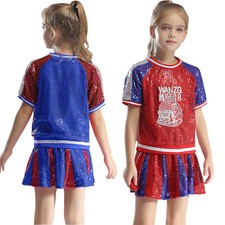 Kids Girl Outfits Cheerleader Uniform Competition Costume Sparkly Dancewear