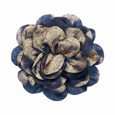 Satin Fabric Camellia Brooch, Rose Flower Floral Corsage, Blue Gold Tone