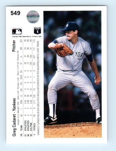 1990 Upper Deck Greg Cadaret New York Yankees #549 - Picture 2 of 2
