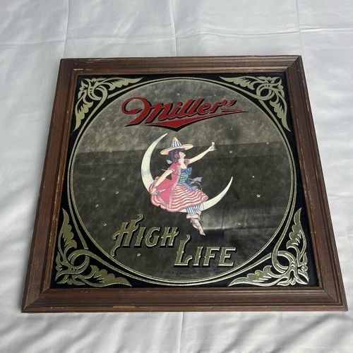 VINTAGE MILLER HIGH LIFE Girl on the Moon WITCH BEER MIRROR BAR SIGN 1979