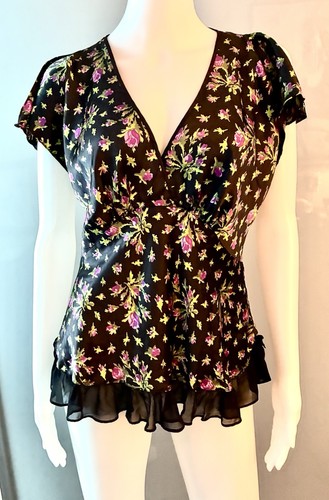 Blusa Top Betsey Johnson Íntima Floral Satén con Volantes L - Imagen 1 de 4
