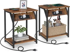 Set of 2 End Tables with Charging Station USB Outlets Side Nightstand Rustic