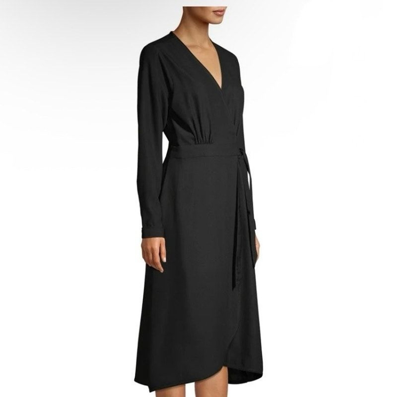 Women's Black Long Sleeve Faux Wrap Midi Dress Small