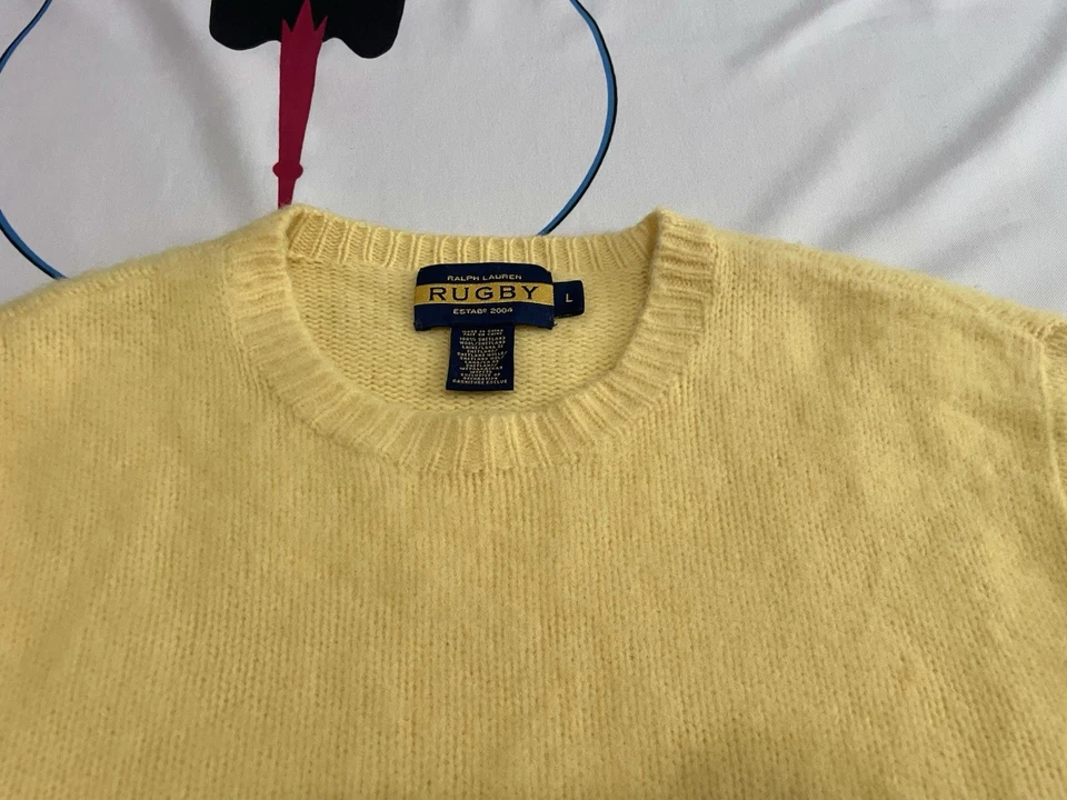 Para Hombres Ralph Lauren Rugby 100% Lana Shetland Suéter Gamuza Codo Parches Amarillo L Foto 3 de 4