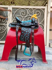 Western Trail/Pleasure Horse Saddle leather carving blue colour 15-inch free .