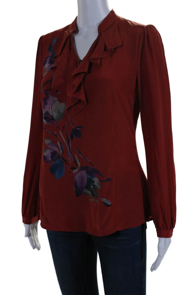 Classiques Entier 女式丝绸花卉印花长袖衬衫红色尺寸超 Sm — 第 2/4 张图片