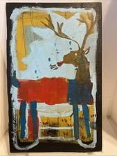 Original Painting - Deer Call - Folk art Percifull Book Board Panel outsider art