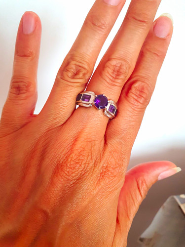 Silver Ring Purple Round Centre Stone, 3-Stone, 2mm Band