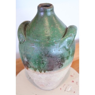 9.5  Antique French Confit Jar Green Glazed Terracotta Pottery Mediterranean