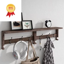 Coat Hooks, Wood Rack Wall-Mounted, 31.5 Inch Entryway Shelf 31.6 Inch, Brown 