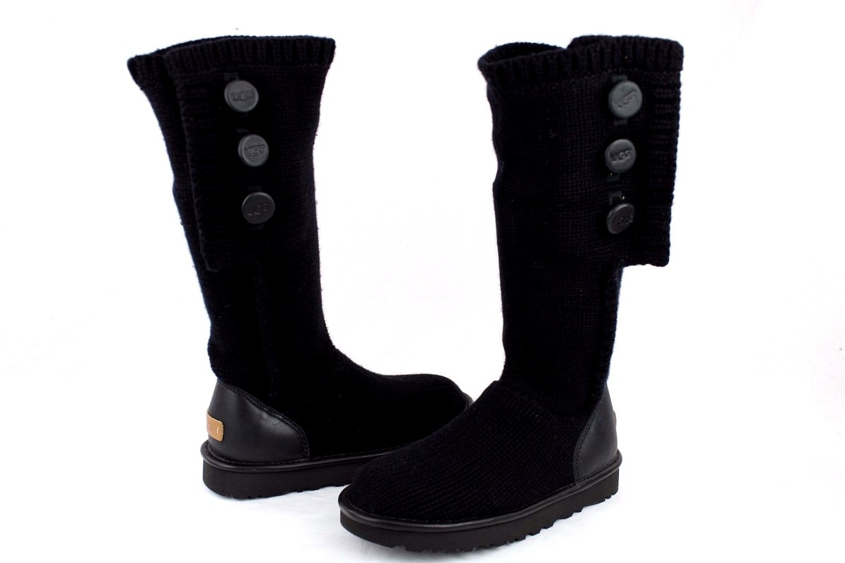 UGG Classic Cardy Cashmere Black Knit Sheepskin Button Boots Size