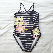 Gymboree sz M 7-8 Girls Swimsuit Black Strips Floral EUC C317