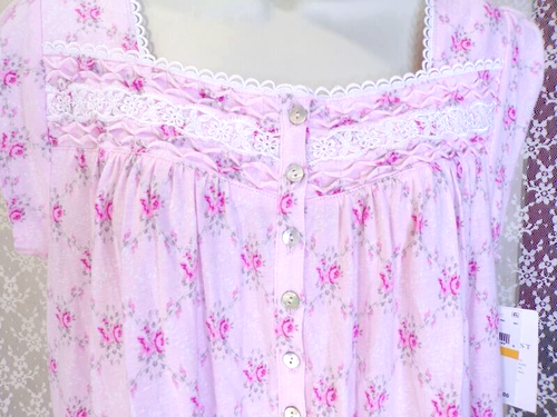 Eileen West Small Long Cotton Knit Nightgown Short Sleeve Gown Pink Floral NWT
