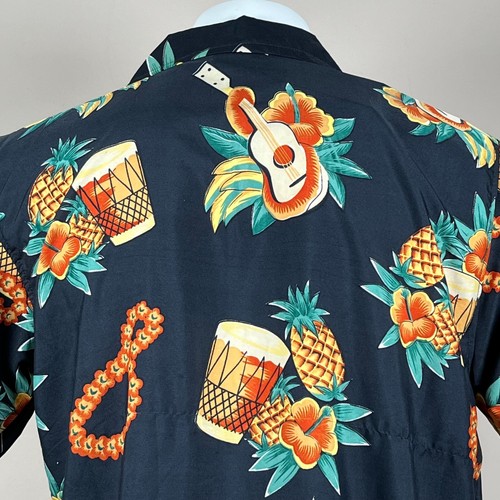 Hawaiian Mens Shirt Small Ukulele Leis Hibiscus Flowers Tiki Cocktails Drums New - Picture 6 of 8