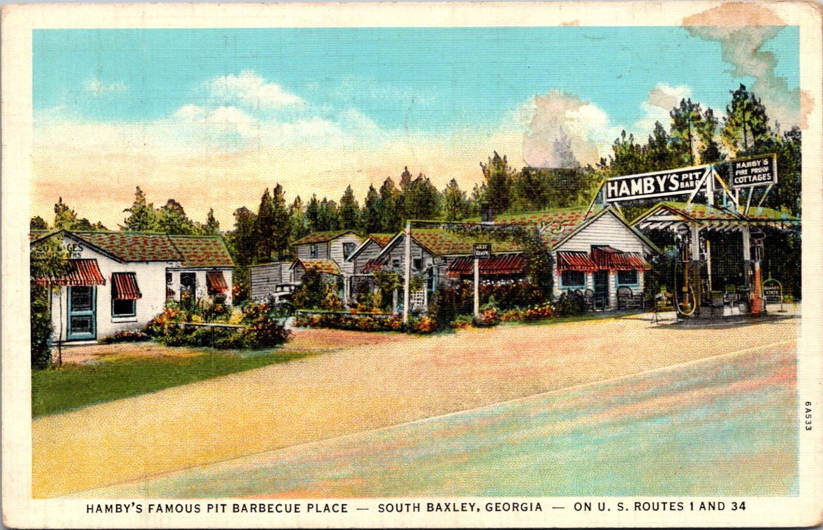 South Baxley Postcard Hambys Famous Pit Barbecue Place Gas