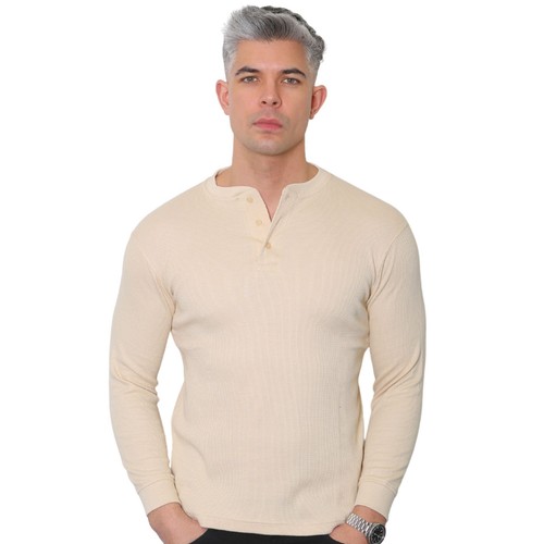 Mens Henley Long Sleeve Thermal T-Shirt Top Grandad Neck waffle net top (2208-A) - Picture 3 of 24