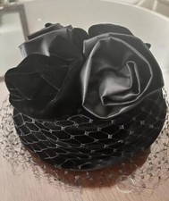 Vintage Black Velvet Veiled Hat With Satin/Velvet Rosettes