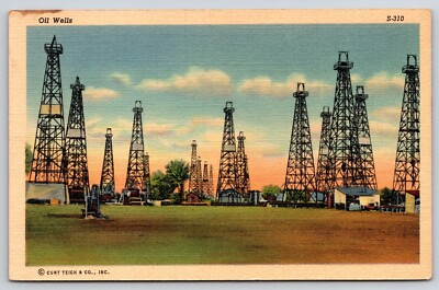 #ad Oil Field Giant Derricks Vintage Oil Drilling Postcard Linen Unknown Location $4.44