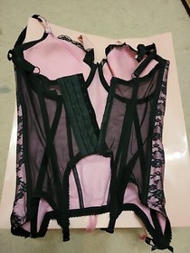 Ann Summers Vintage Pink and Black Lace Corset with Garters 34DD