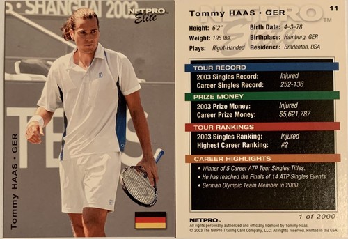 Tommy Haas #11 2003 NetPro Elite 2000 card