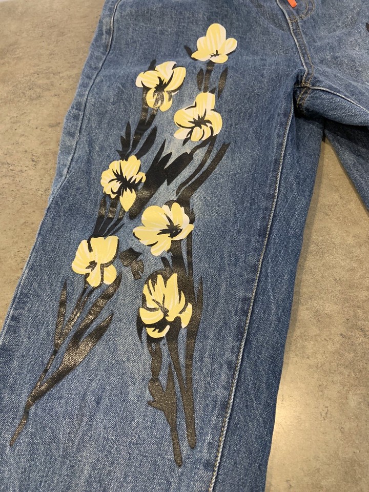 Hand Painted Flower Jeans Elastic Waist Drawstring eBay