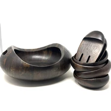 Nambe Pebble 7Pc Salad Set Serving Bowl Individual Bowls and Salad Tossers Wood