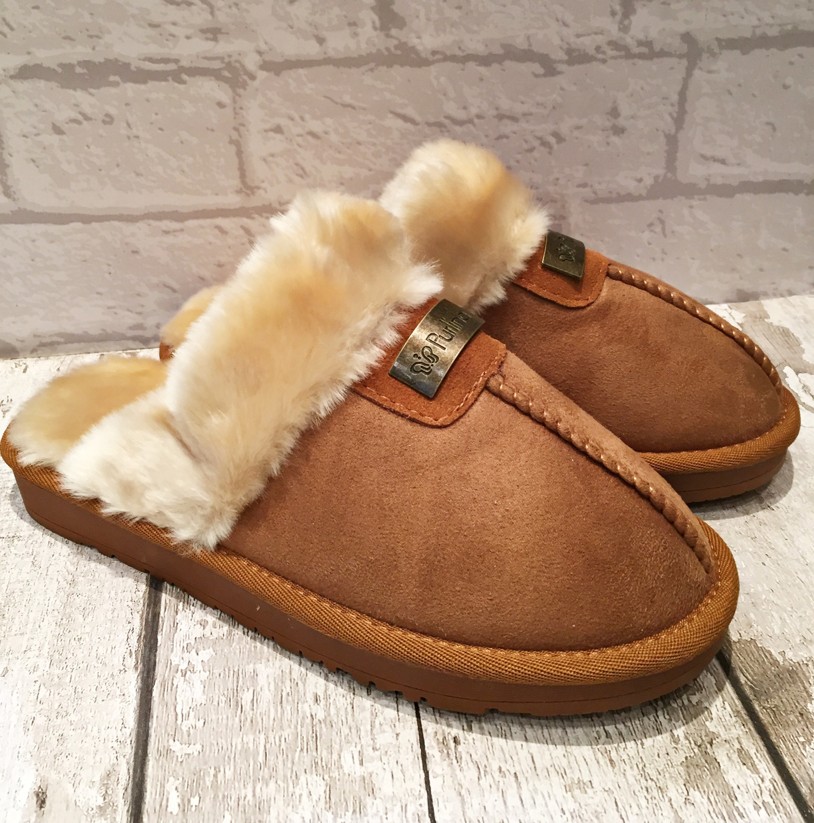 SAOLA Pantofole donna marrone cammello tacco basso piatto slip on scarpe mule ecopelle scamosciata suola rigida