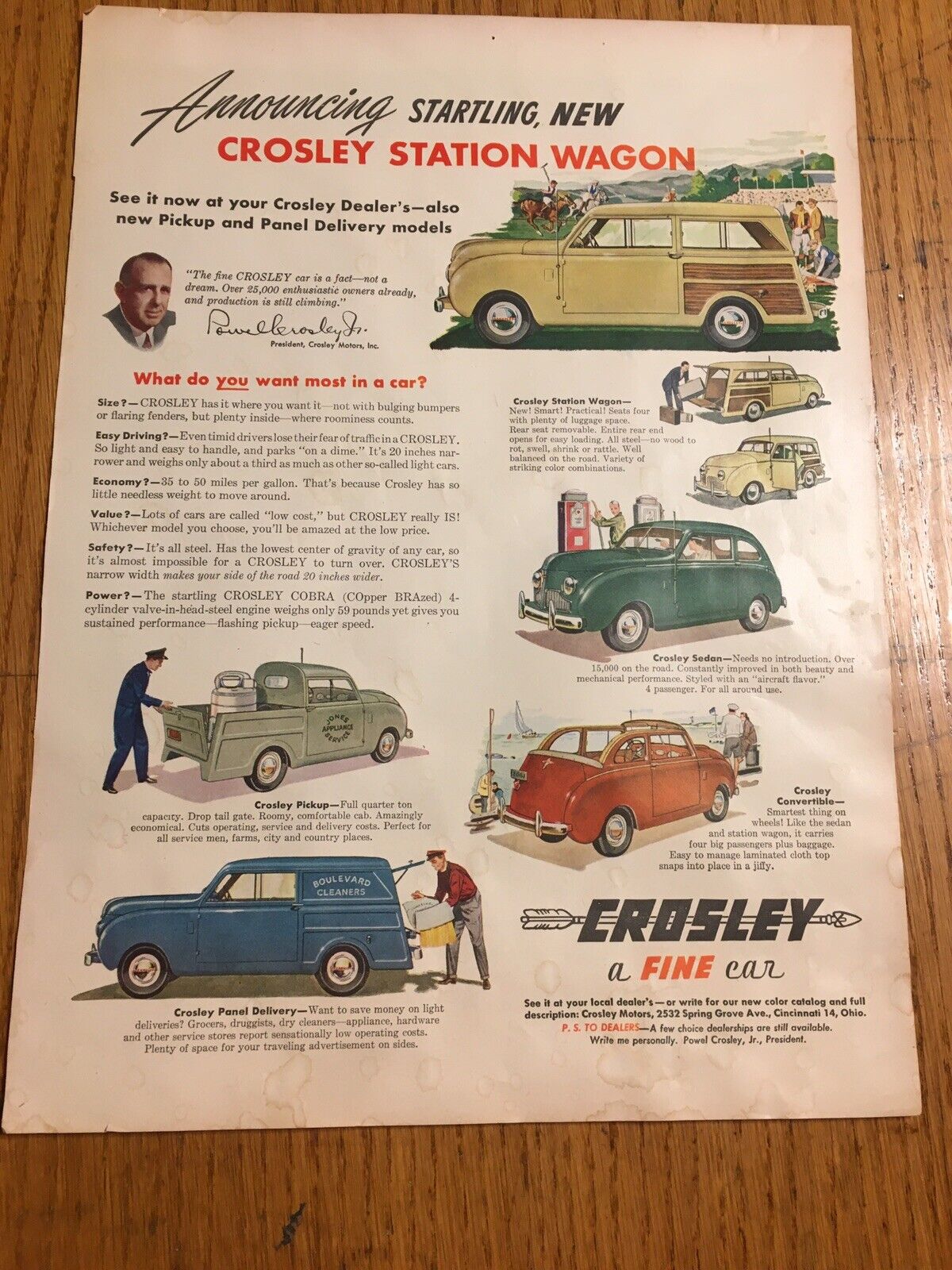 1948 Crosley Sedan Convertible Truck Sales Advertising Literature Life Magazine
