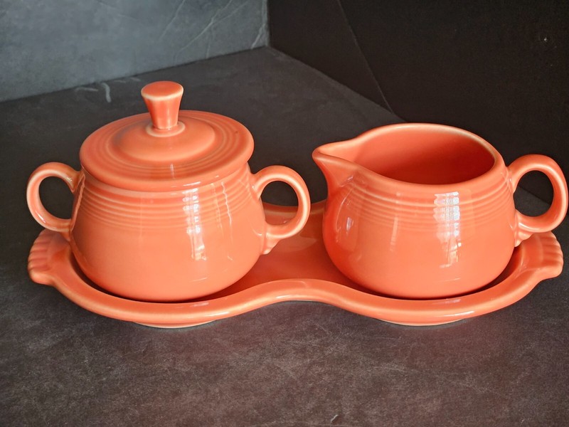 Homer Laughin Fiesta Poppy Creamer & Sugar with Lid and Tray Set