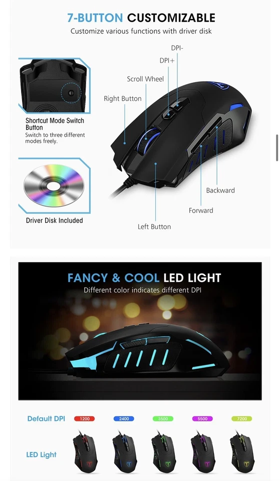 Gaming Mouse, Biijok Wired Ergonomic LED Mouse with Programmed Buttons - Image 3 of 4