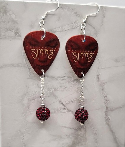 Def Leppard Slang Guitar Pick Earrings with Red Pave Bead Dangles - Picture 2 of 5