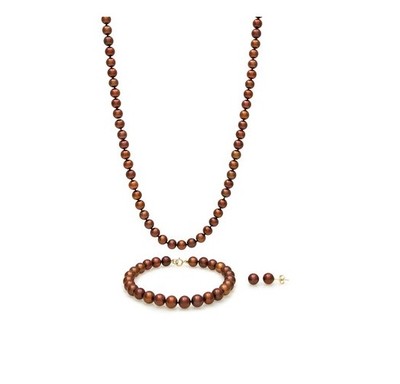 MACYS 14k Gold Dyed Chocolate Freshwater Pearl Necklace Bracelet Earring Set