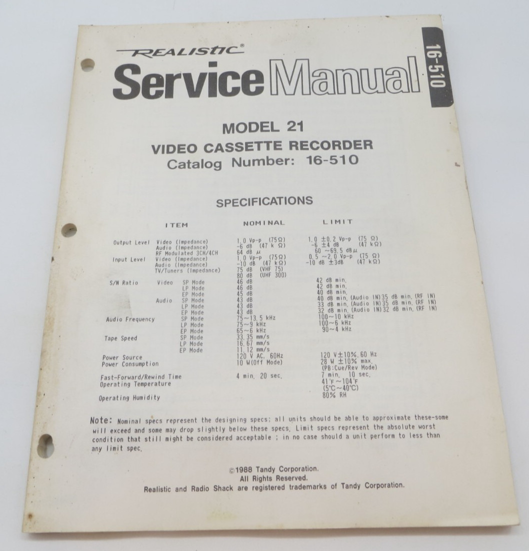 REALISTIC SERVICE MANUAL Model 21 Video Cassette Recorder Catalog No. 16-510 -