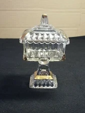 Vintage Jeanette Glass Covered Pedestal Wedding Box Candy Dish 1960's Clear Gold