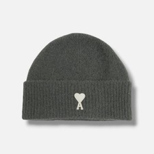 Ami Paris Unisex Adults Green Wool Logo Patch Beanie Hat Size OS