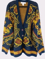 Vintage Jones New York Cartigan Sweater Size L Navy Gold Lambswool Button Front