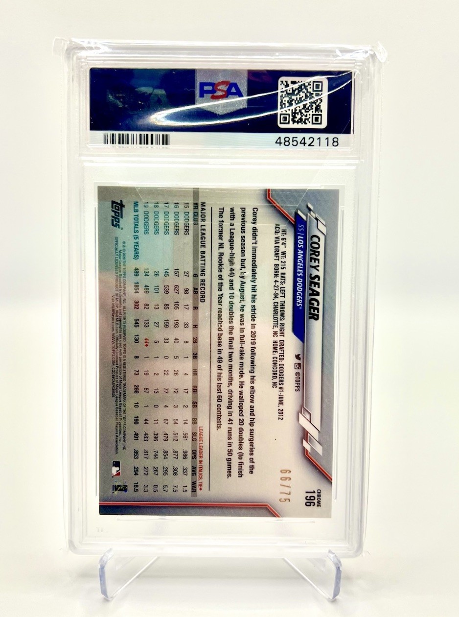 2020 Topps Corey Seager Chrome Blue Wave Refractor #66/75 PSA 9 view 2