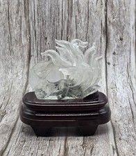 Cuarzo Transparente Nueve Colas Zorro Kitsune Tallado a Mano Cristal Estatuilla Soporte Madera
