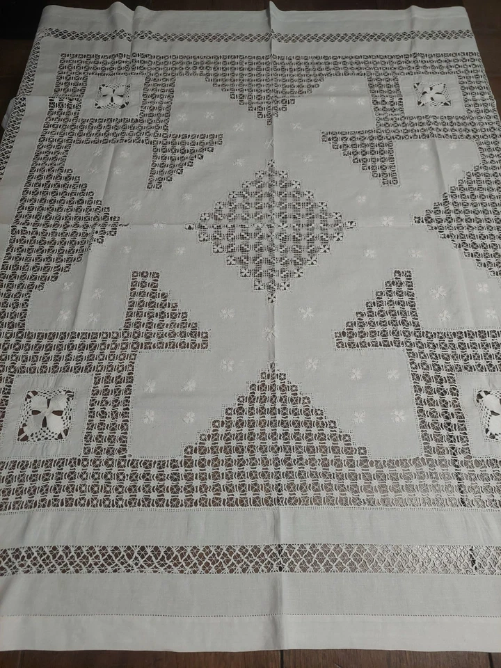 Linge de table nappe ancienne et serviettes lin broderie et jours 115 X 115 cm - Photo 2/4