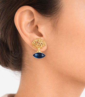 Natural London Blue Topaz Stud Earrings Gold Plated 925 Silver Handmade Jewelry