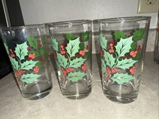 3 Indiana Glass Tumbler Holly Christmas 8oz 5  Vintage