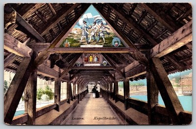 Luzern Kapellbrücke Interior Postcard E. Goetz Chapel Bridge Roof Paintings C487