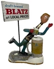 VINTAGE 1950s BLATZ Beer, Ice Skater Bottle Man  Metal W/ Sign & Base