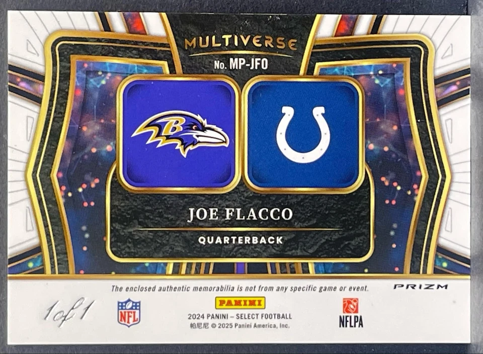 2024 Panini Select Multiverse Dual Patch Joe Flacco Ravens Logo PRETO PRIZM #1/1 - Imagem 2 de 2