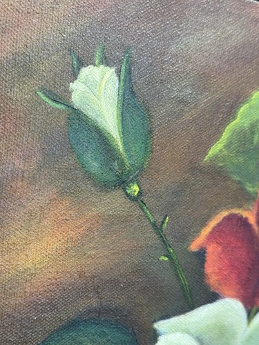 Gorgeous Old Canvas Painting Roses Flowers Rose Bud Signed - Imagen 14 de 20