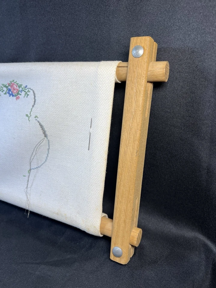 Vtg Needlepoint in Progress 14.75x9.2" Wood Embroidery Frame Scroll Lap Tapestry - Image 3 of 4