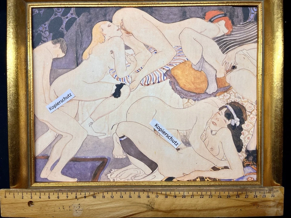 Kunstdruck des Expressionisten Willy Jaeckel „Die Orgie“ 1924 im gold Holzrahmen - Bild 3 von 3