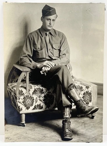 1940s Handsome WWII Soldier Intense Gaze Crossed Legs Vtg Snapshot Photo